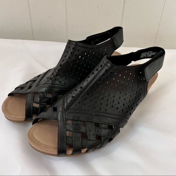 Earth Womens 9M Pisa Galli Black Leather Perforated Wedge Sandals Cork Slingback - Picture 1 of 8